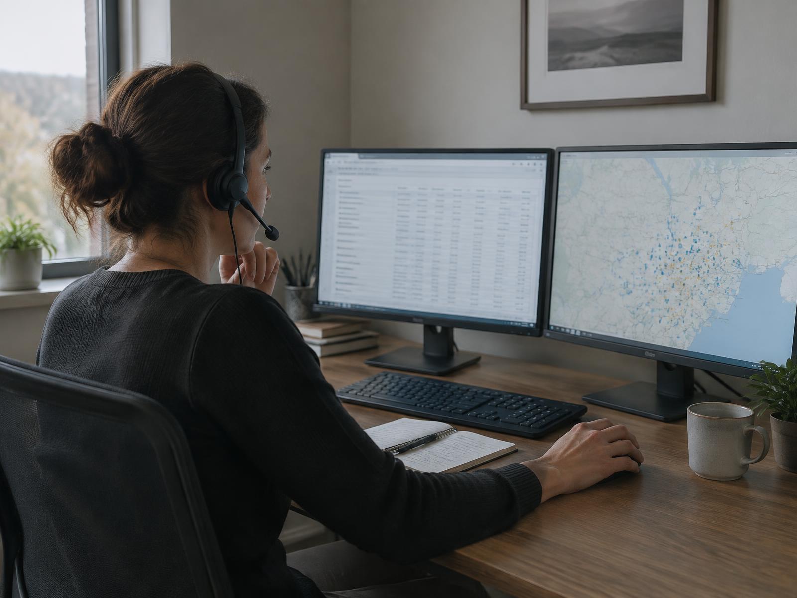Operations professional reviewing carrier onboarding documents on two monitors